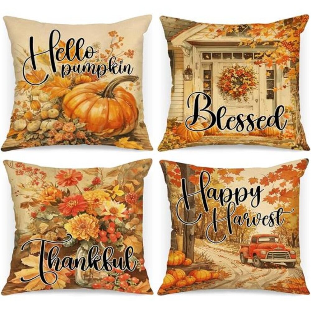 Fall 22x22 Throw Pillow‎ Covers Set of 4, Watercolor Pumpkin hut car Decorative